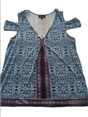 AUW Blue Printed Cold-Shoulder V-Neck Mosaic Geometric Print Boho Top Large